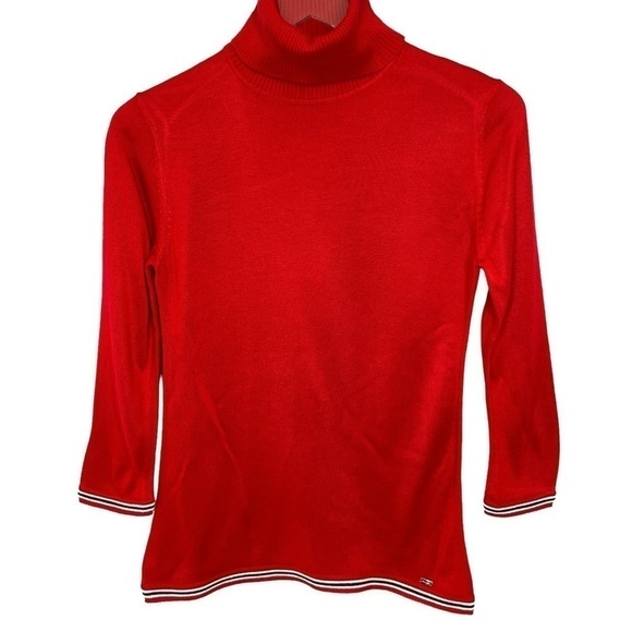 Tommy Hilfiger Bright Red Turtleneck Sweater Navy/White Accents Metal Logo Sz XS - Picture 2 of 14